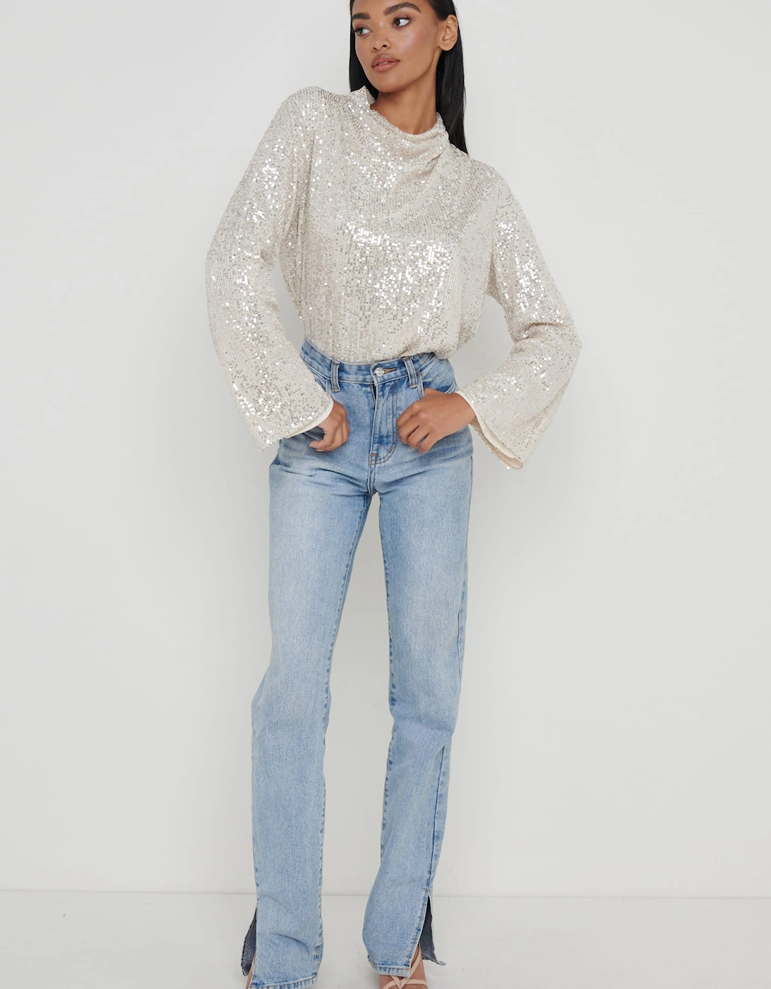 Jayda Cowl Neck Blouse - Silver Sequin