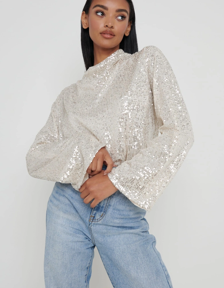 Jayda Cowl Neck Blouse - Silver Sequin