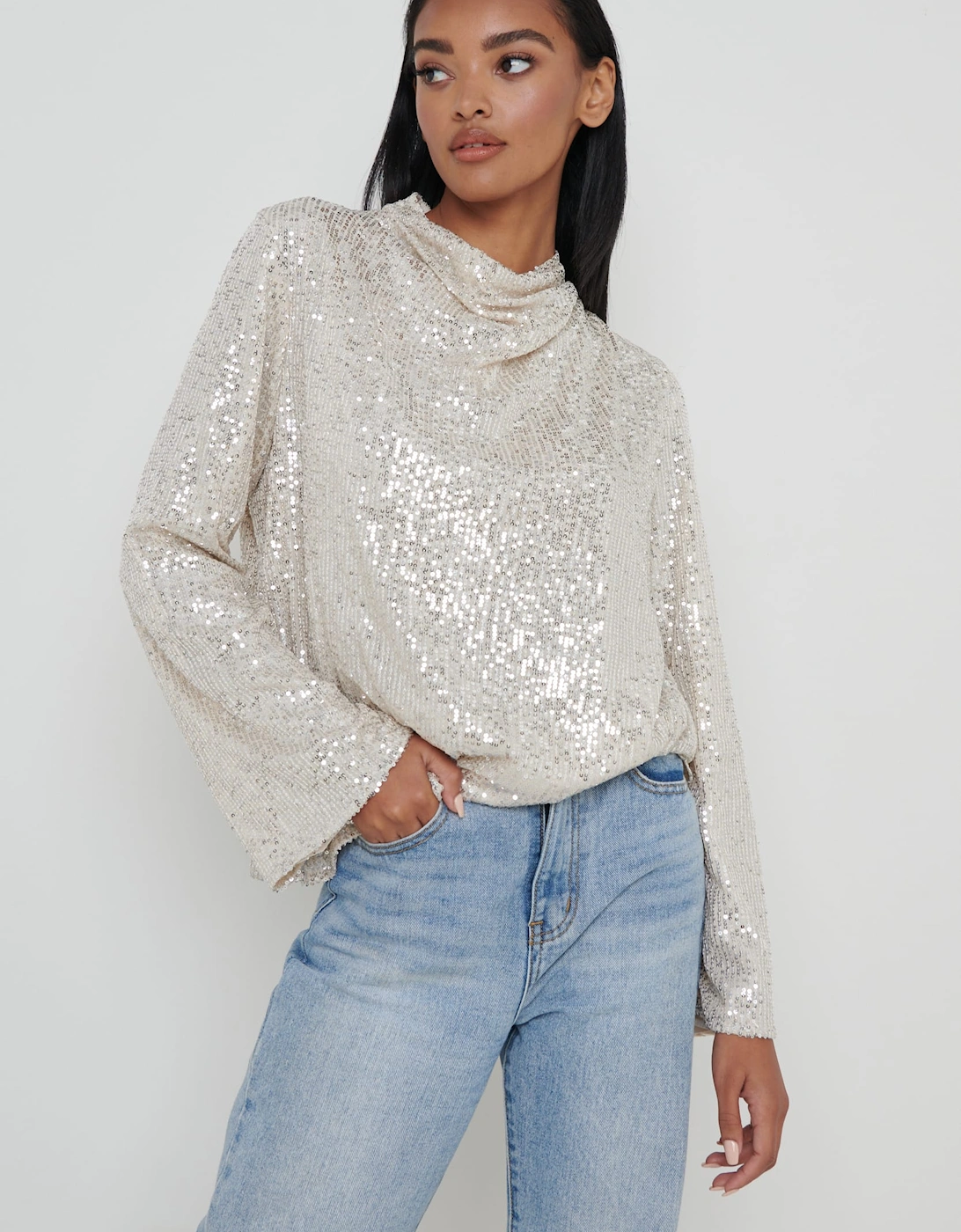Jayda Cowl Neck Blouse - Silver Sequin