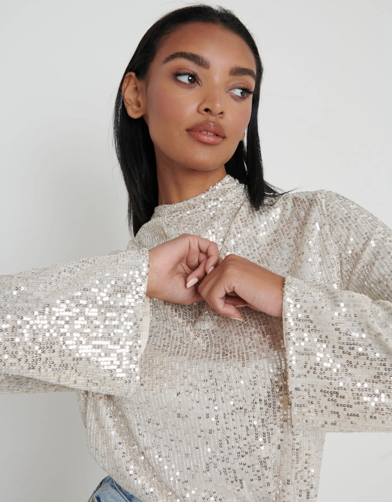 Jayda Cowl Neck Blouse - Silver Sequin
