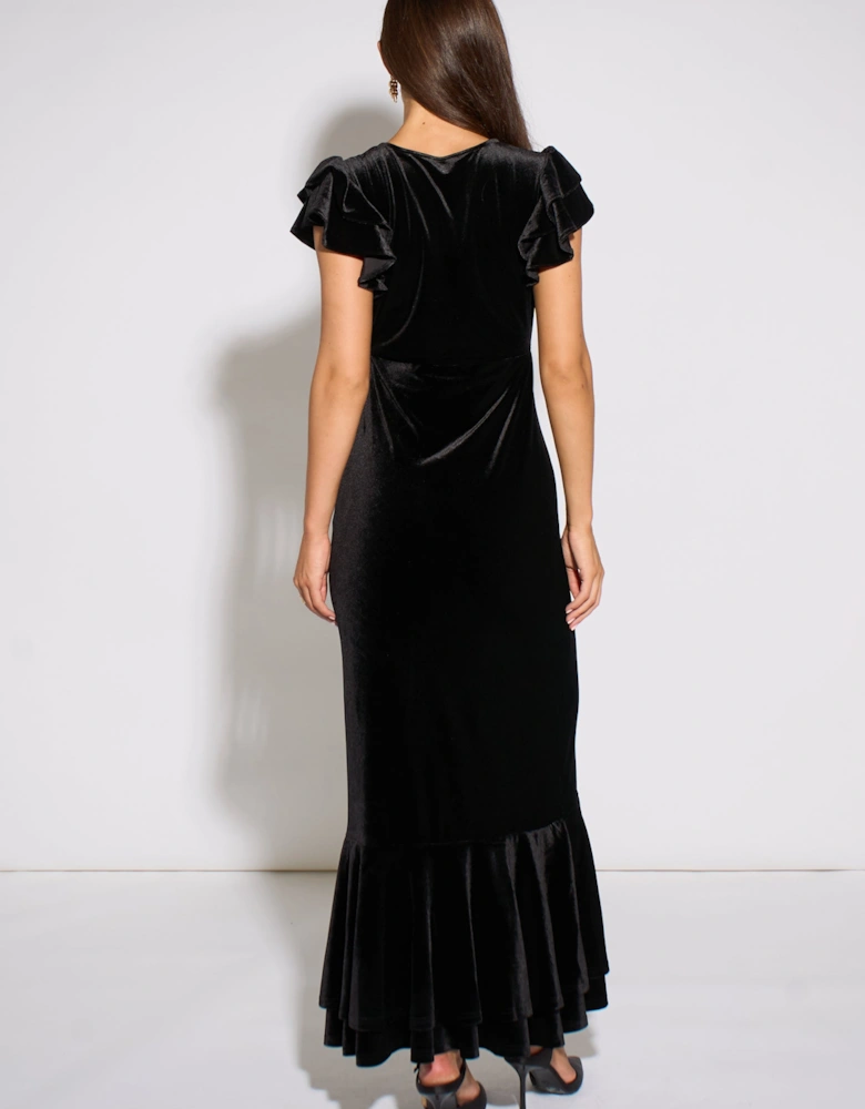 Black V Neck Ruffle Sleeves Velvet Occasion Maxi Dress