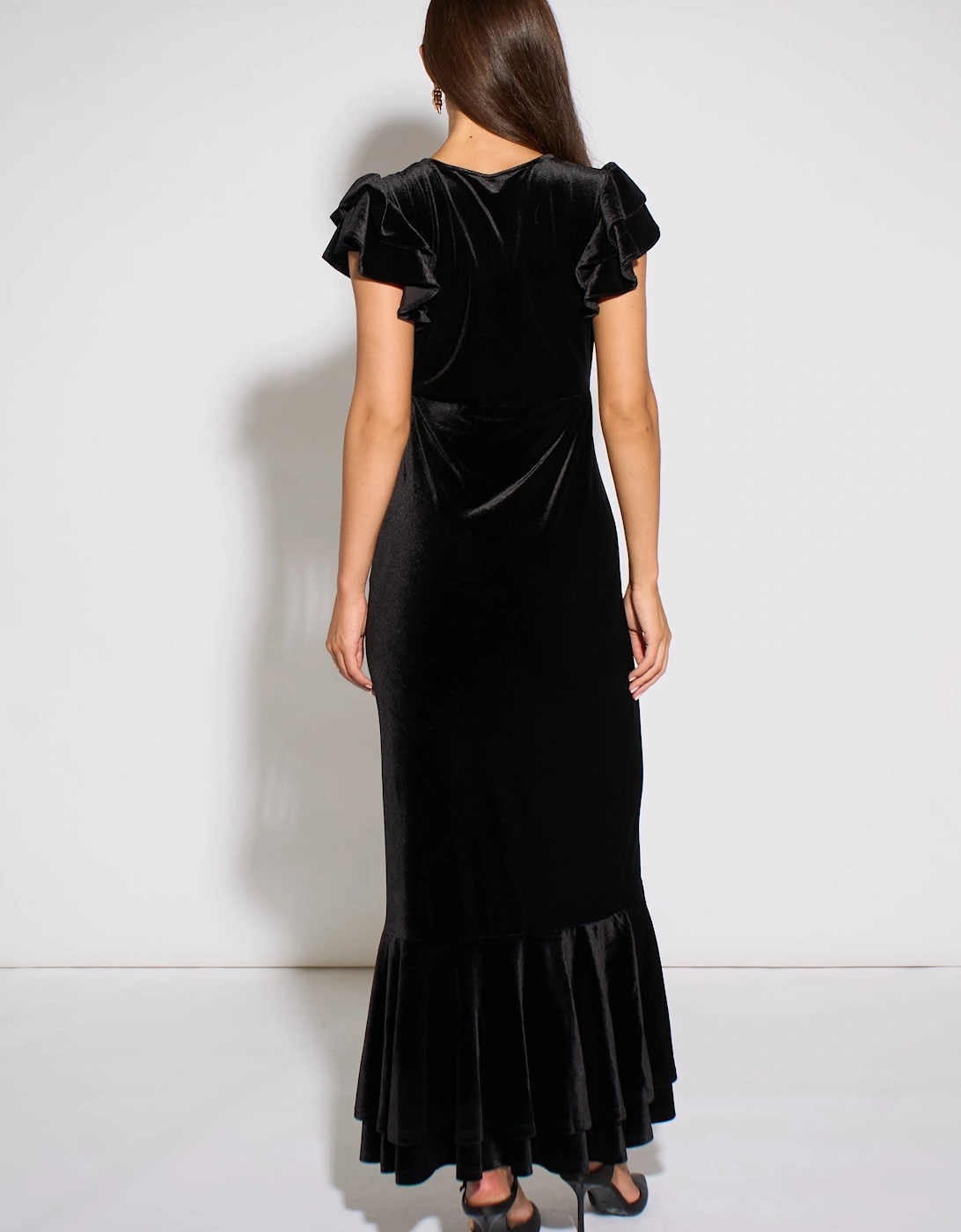 Black V Neck Ruffle Sleeves Velvet Occasion Maxi Dress