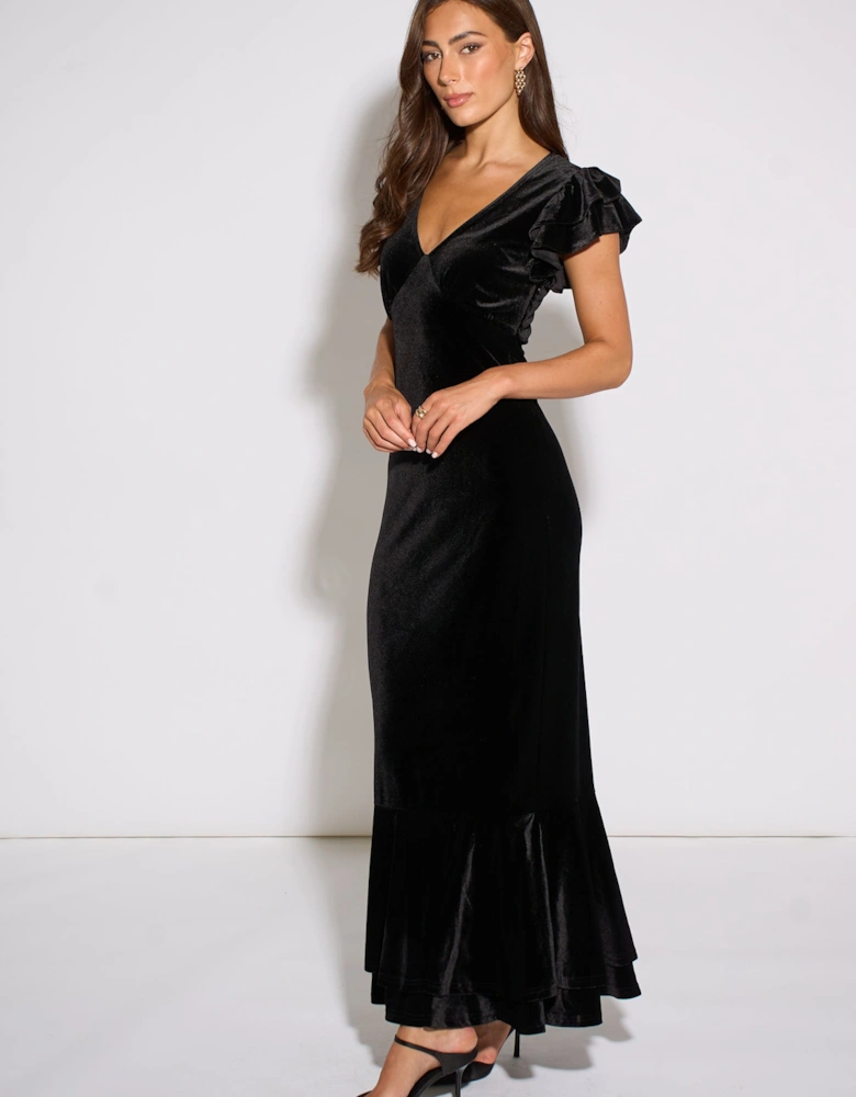 Black V Neck Ruffle Sleeves Velvet Occasion Maxi Dress