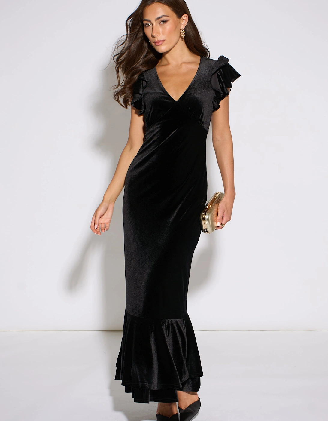 Gini London Women's Black V Neck Ruffle Sleeves Velvet Occasion Maxi Dress - Size 14