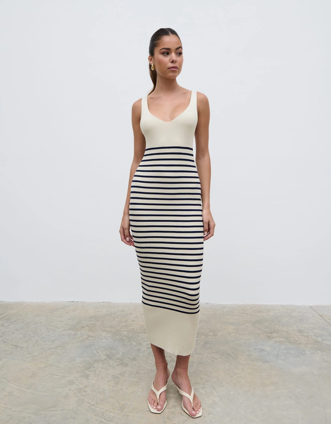 Maria Stripe Knit Midaxi Dress - Cream and Navy