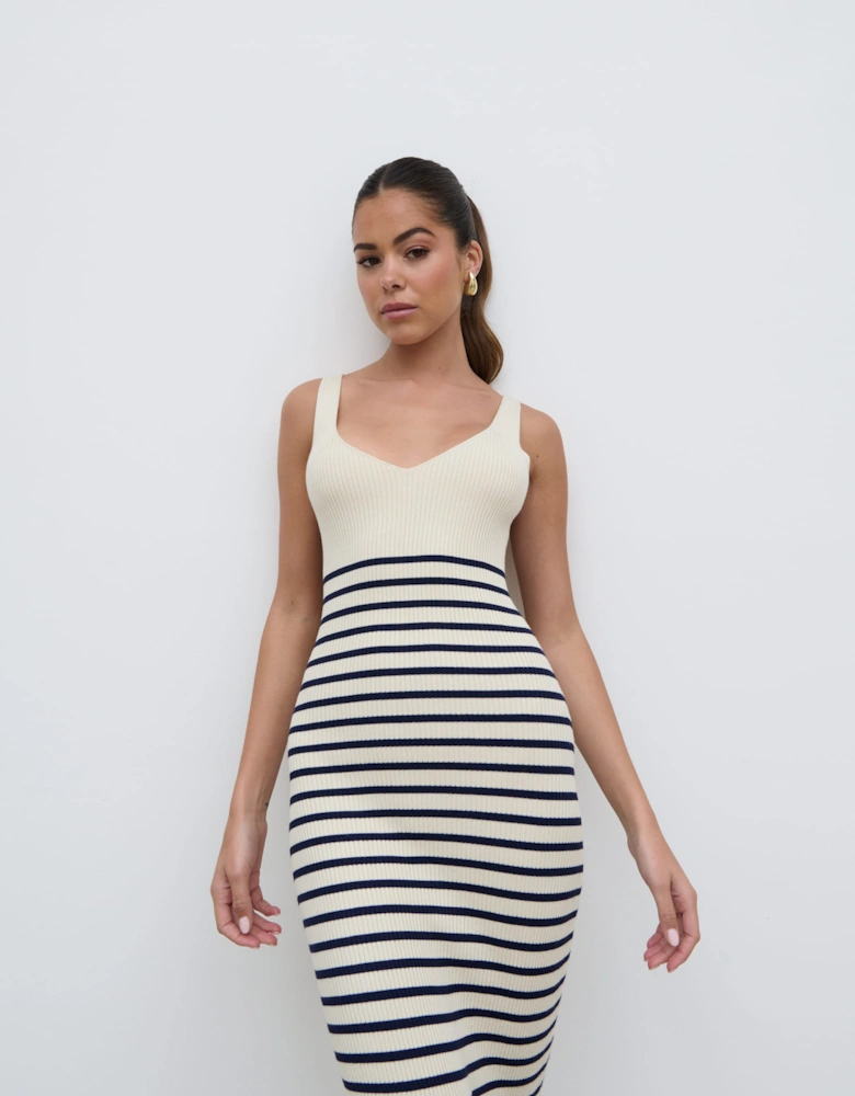 Maria Stripe Knit Midaxi Dress - Cream and Navy