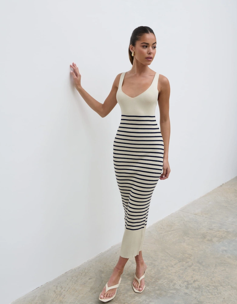 Maria Stripe Knit Midaxi Dress - Cream and Navy