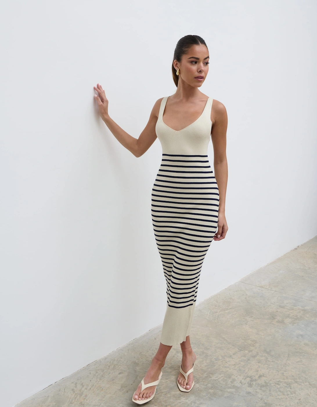 Maria Stripe Knit Midaxi Dress - Cream and Navy