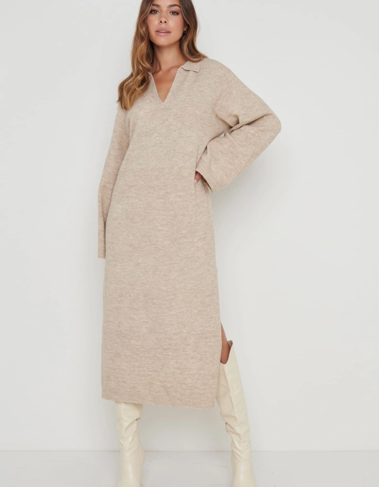 Cas Collared Knit Dress - Beige