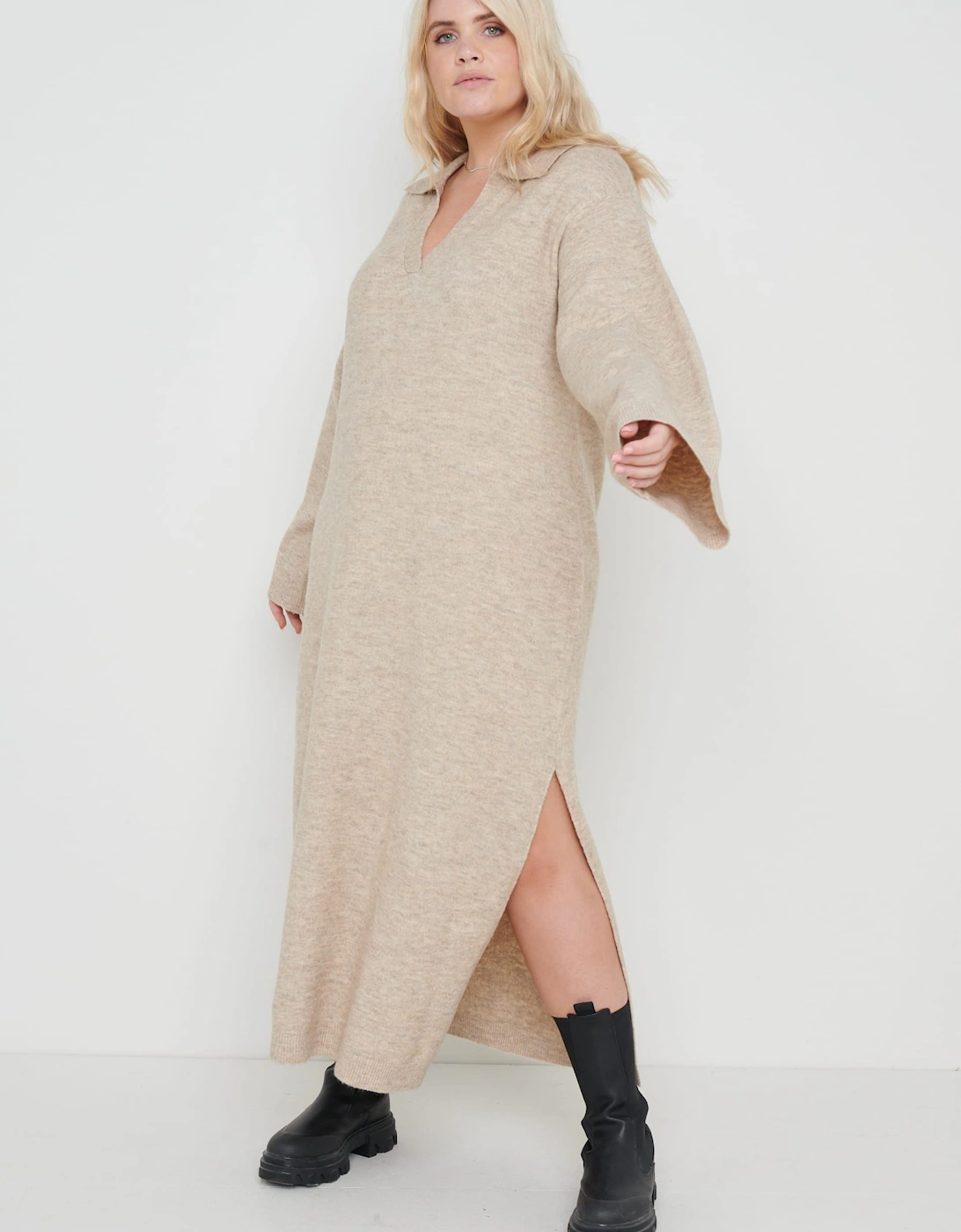 Cas Collared Knit Dress - Beige