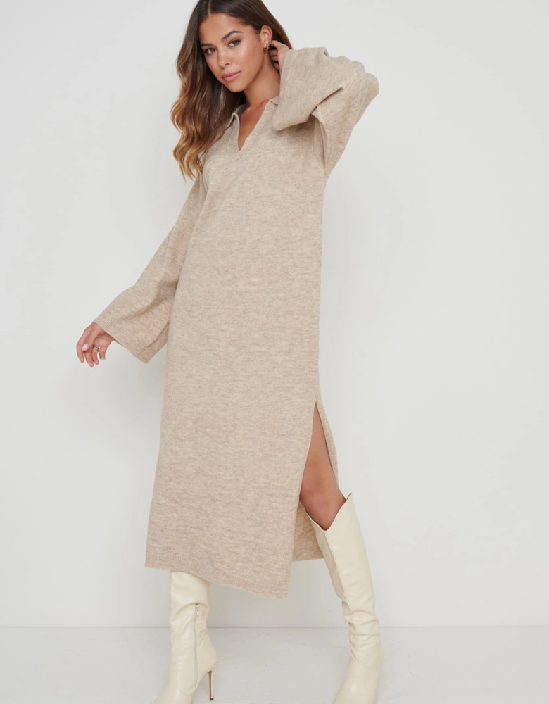 Cas Collared Knit Dress - Beige