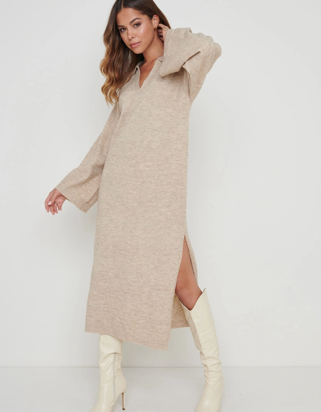 Cas Collared Knit Dress - Beige