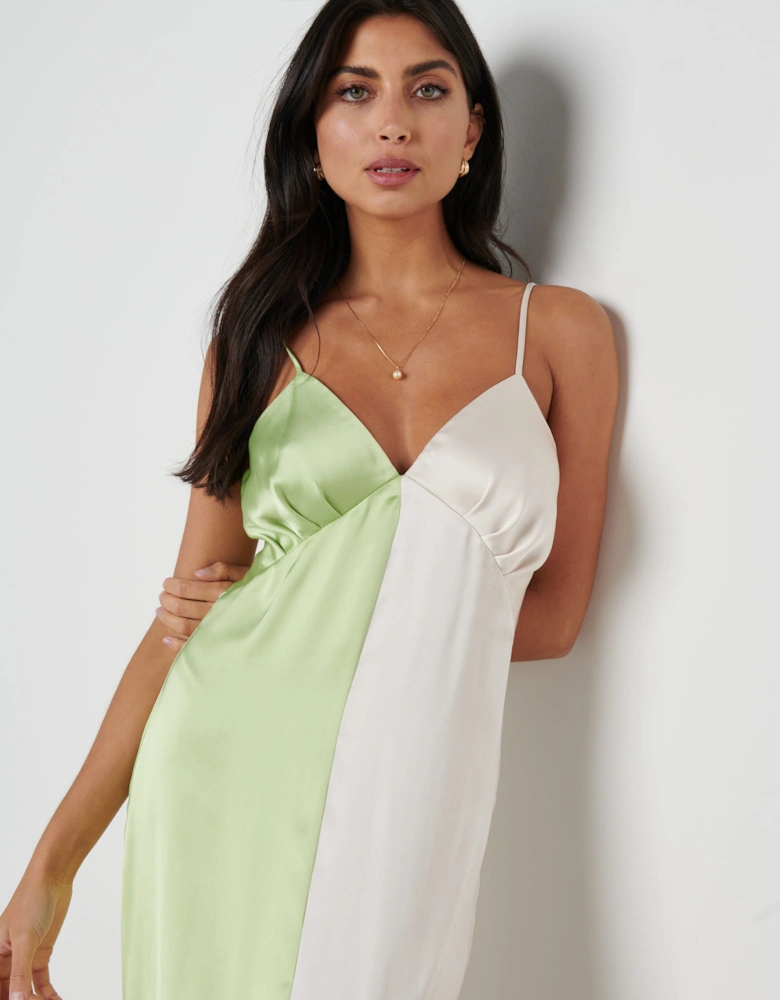 Esmee Contrast Slip Dress - Green and Oyster