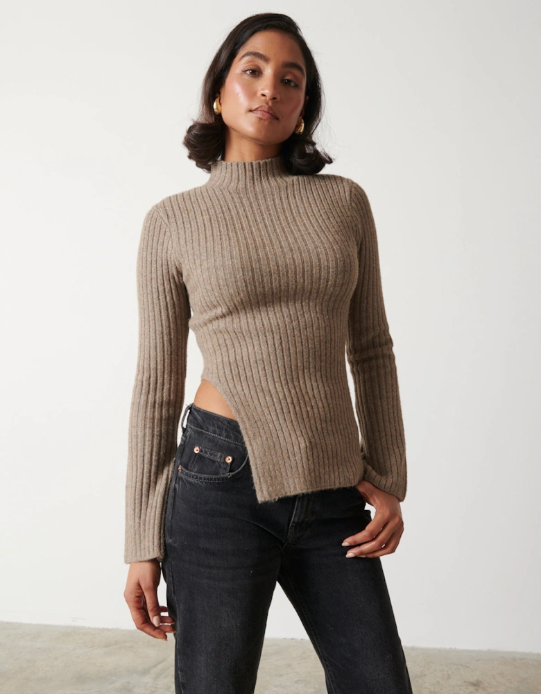 Charley Turtle Neck Asymmetric Hem Knit Top - Mushroom