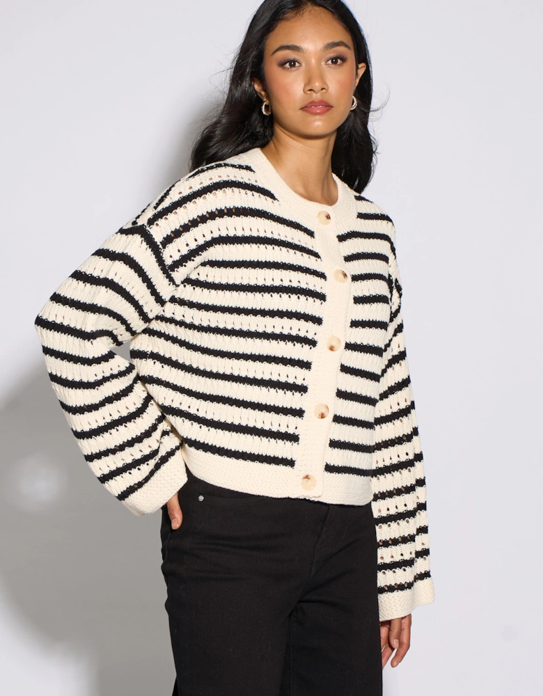 Cream Stripe Cable Knit Crop Cardigan
