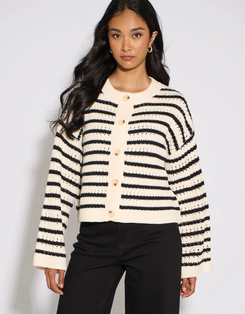 Cream Stripe Cable Knit Crop Cardigan