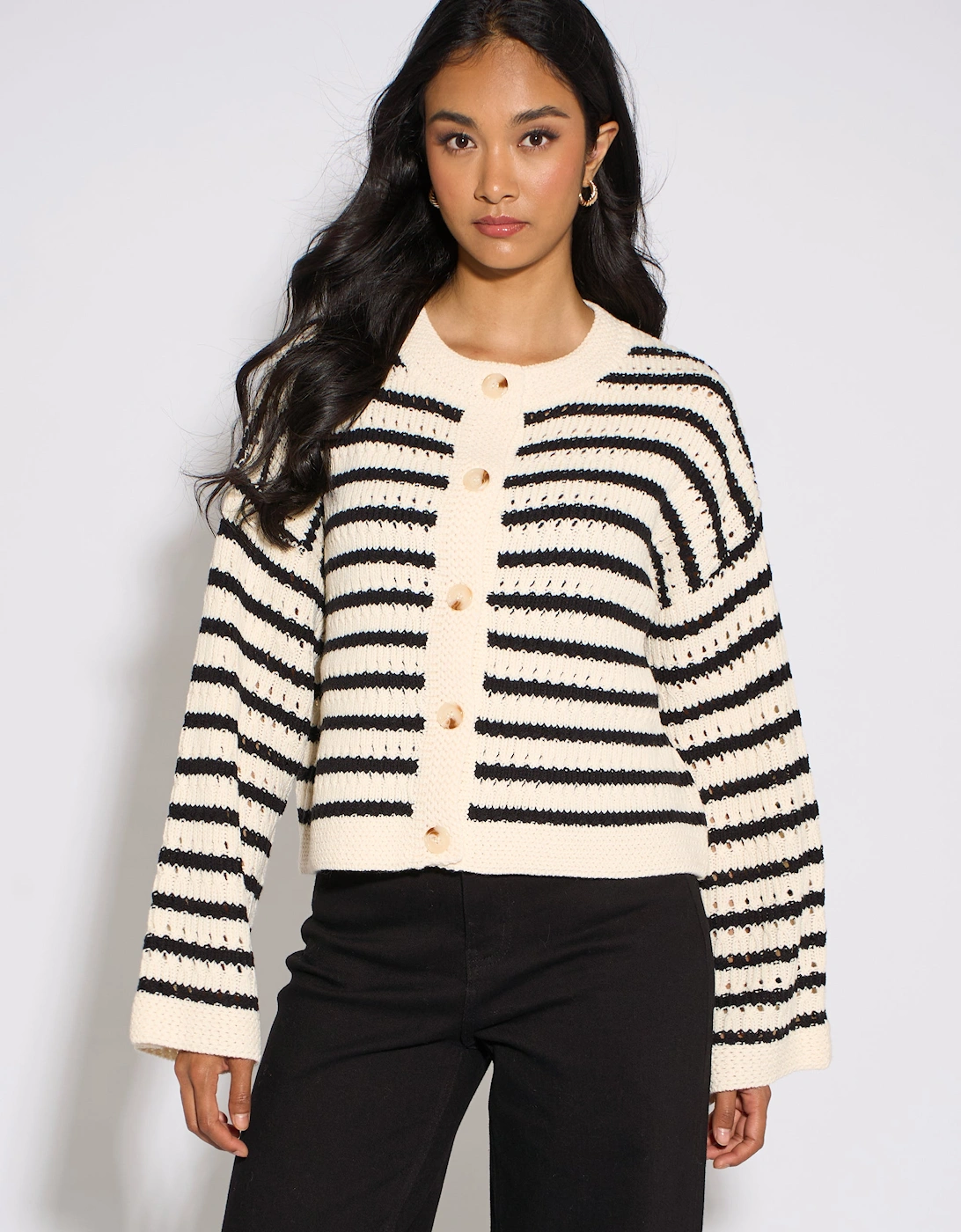 Cream Stripe Cable Knit Crop Cardigan