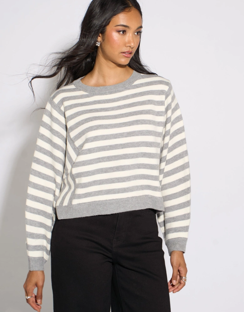 Grey Recycle Mix Contrast Stripe Loose Fit Knit Jumper