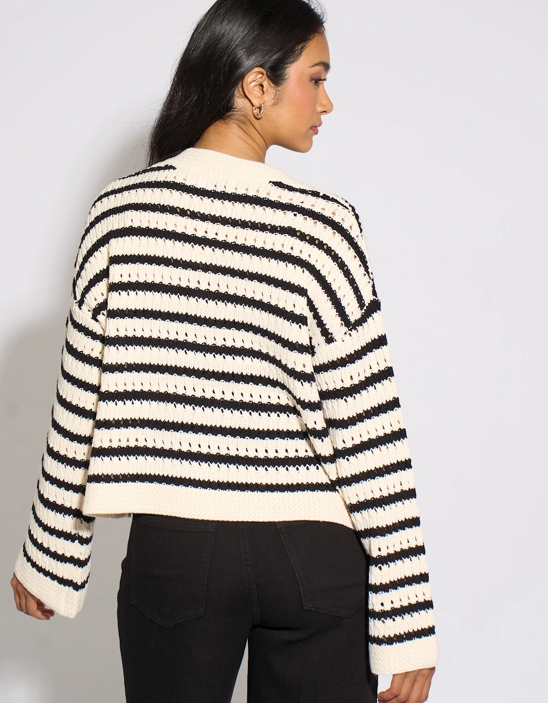 Cream Stripe Cable Knit Crop Cardigan