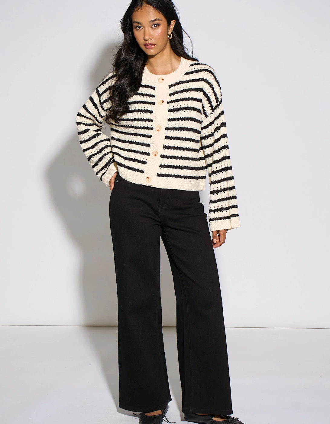 Cream Stripe Cable Knit Crop Cardigan