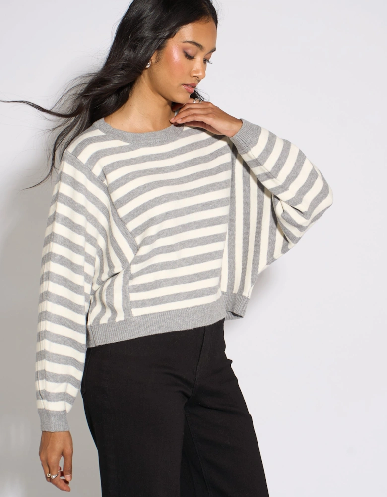 Grey Recycle Mix Contrast Stripe Loose Fit Knit Jumper