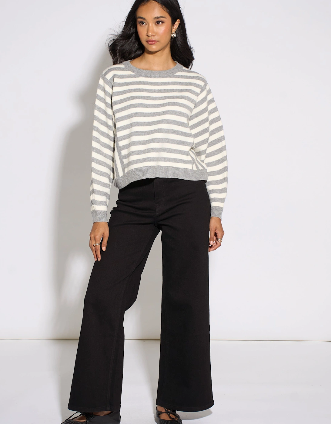 Grey Recycle Mix Contrast Stripe Loose Fit Knit Jumper