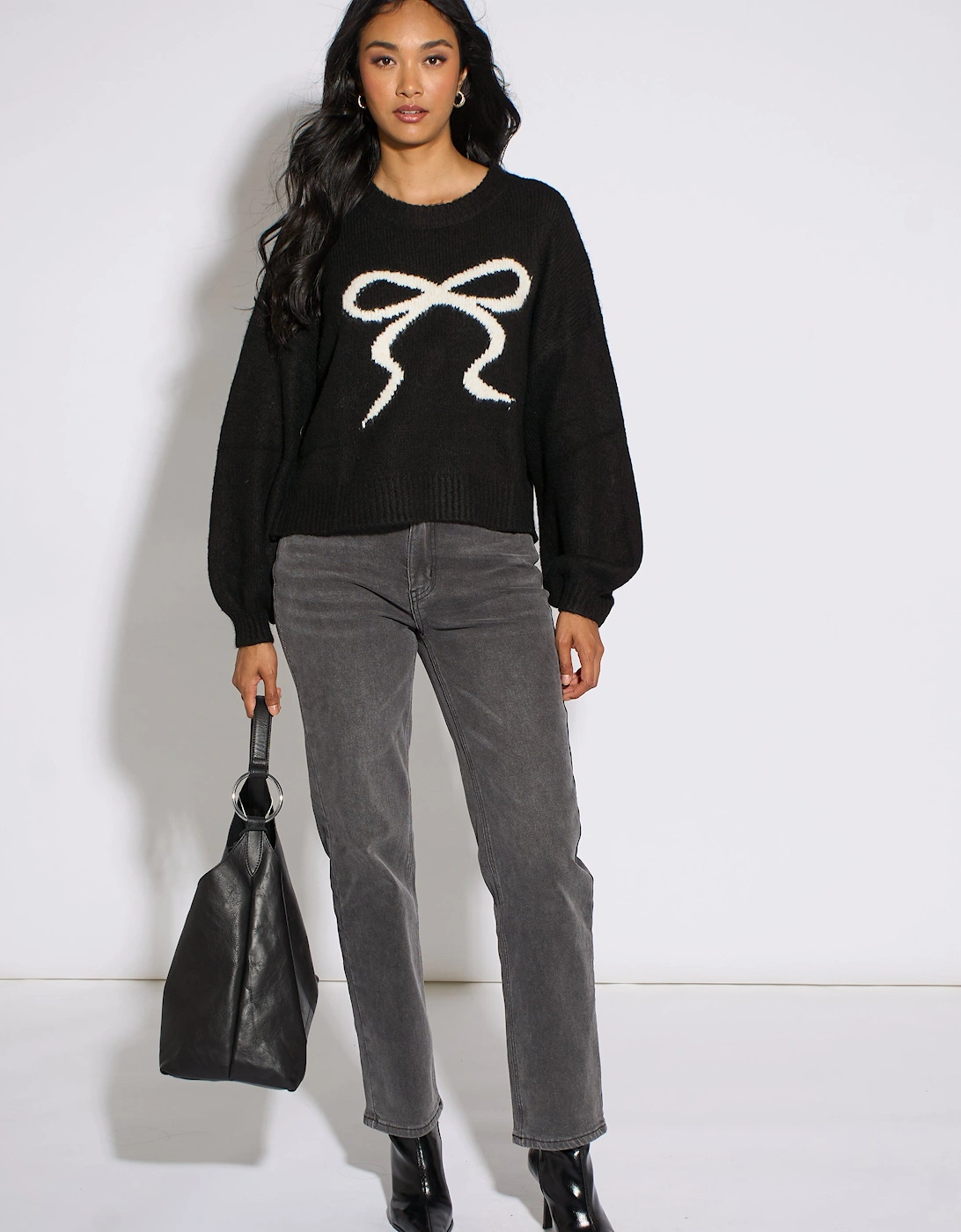 Black Contrast Bow pattern oversized Jumper