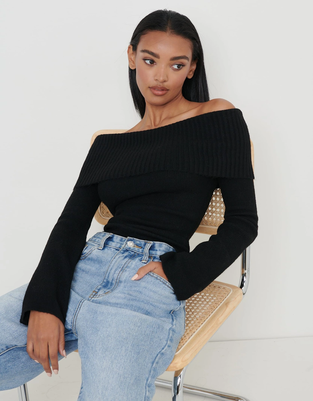 Soreya Bardot Soft Knit Top - Black