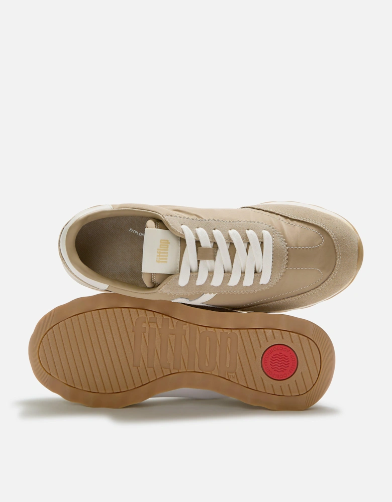 FitFlop Womens Retro-Q FF Fabric/Suede Trainers - Cappuccino/Cream E08