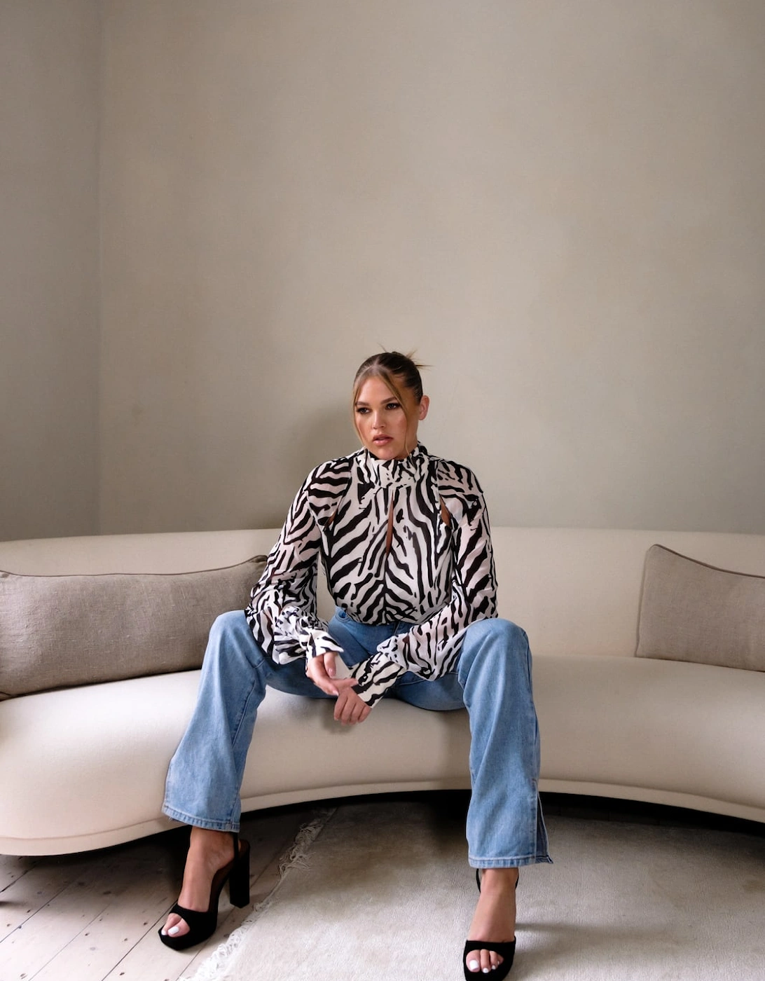 Romy Cut Out High Neck Printed Blouse - Zebra Abstract