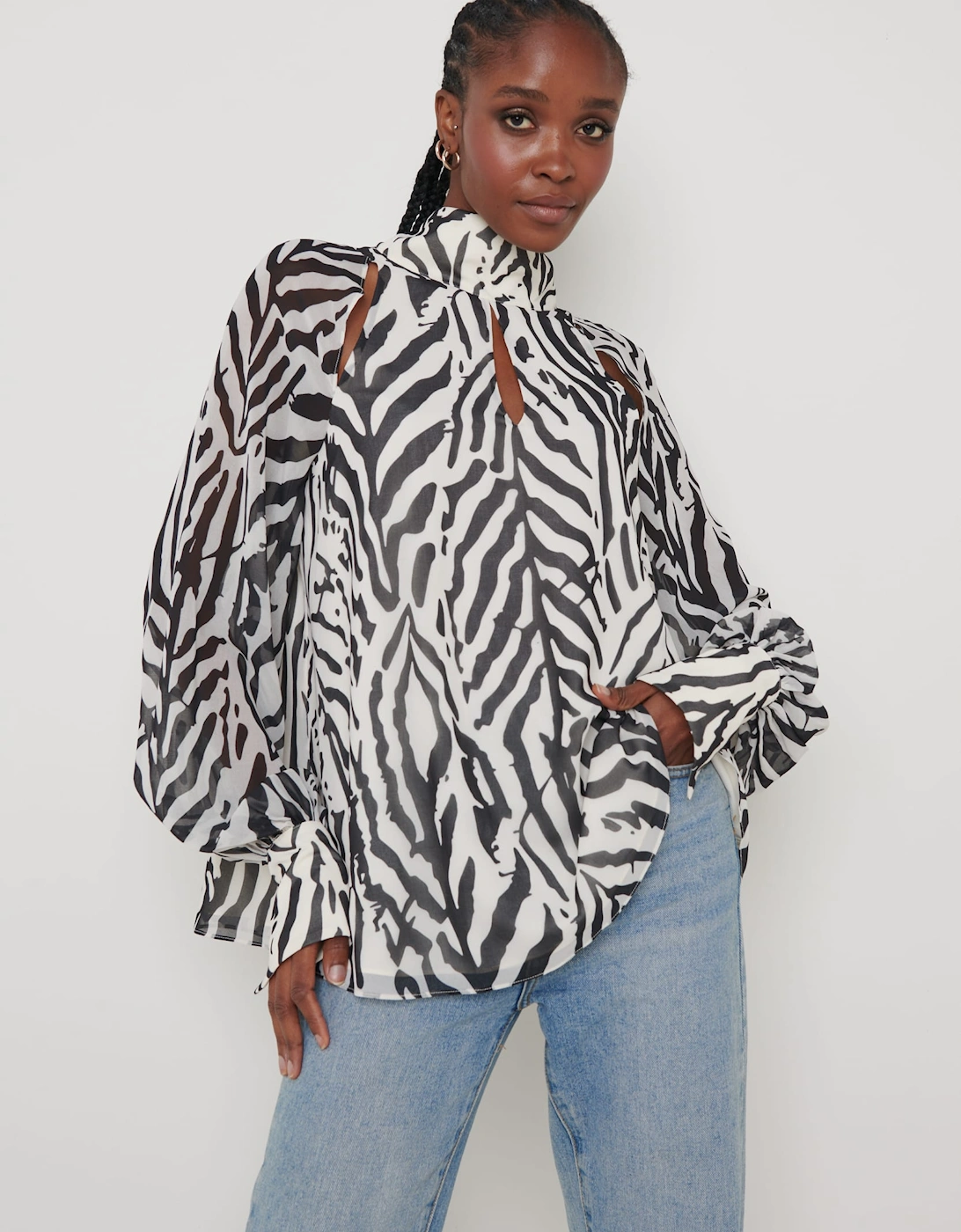Romy Cut Out High Neck Printed Blouse - Zebra Abstract