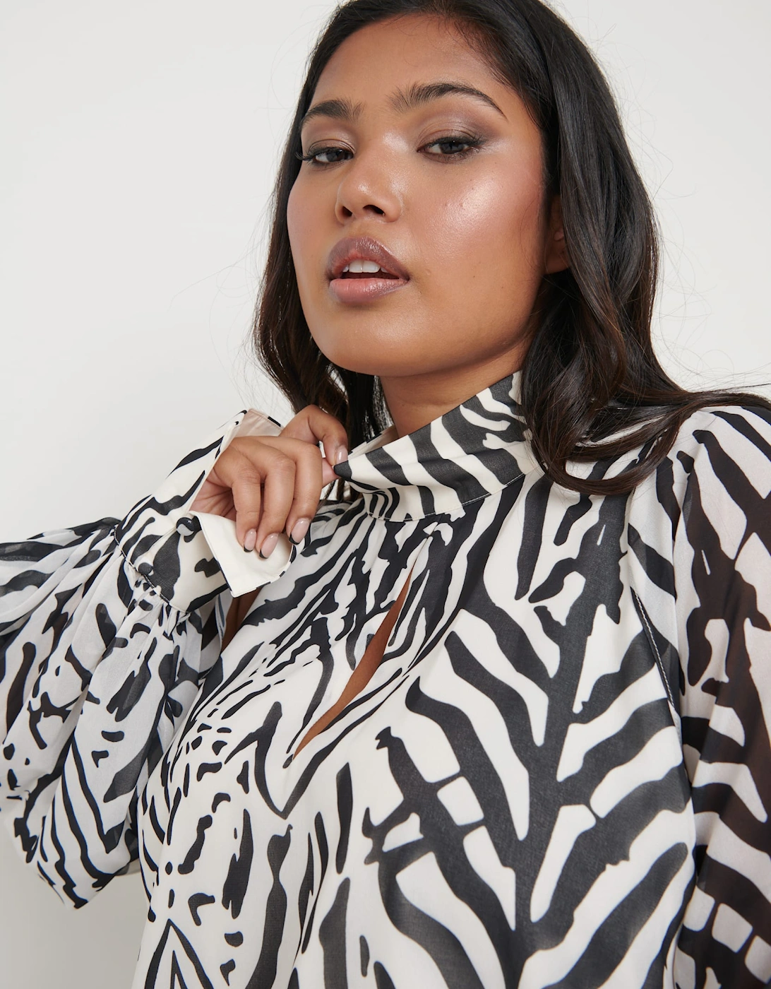 Romy Cut Out High Neck Printed Blouse - Zebra Abstract