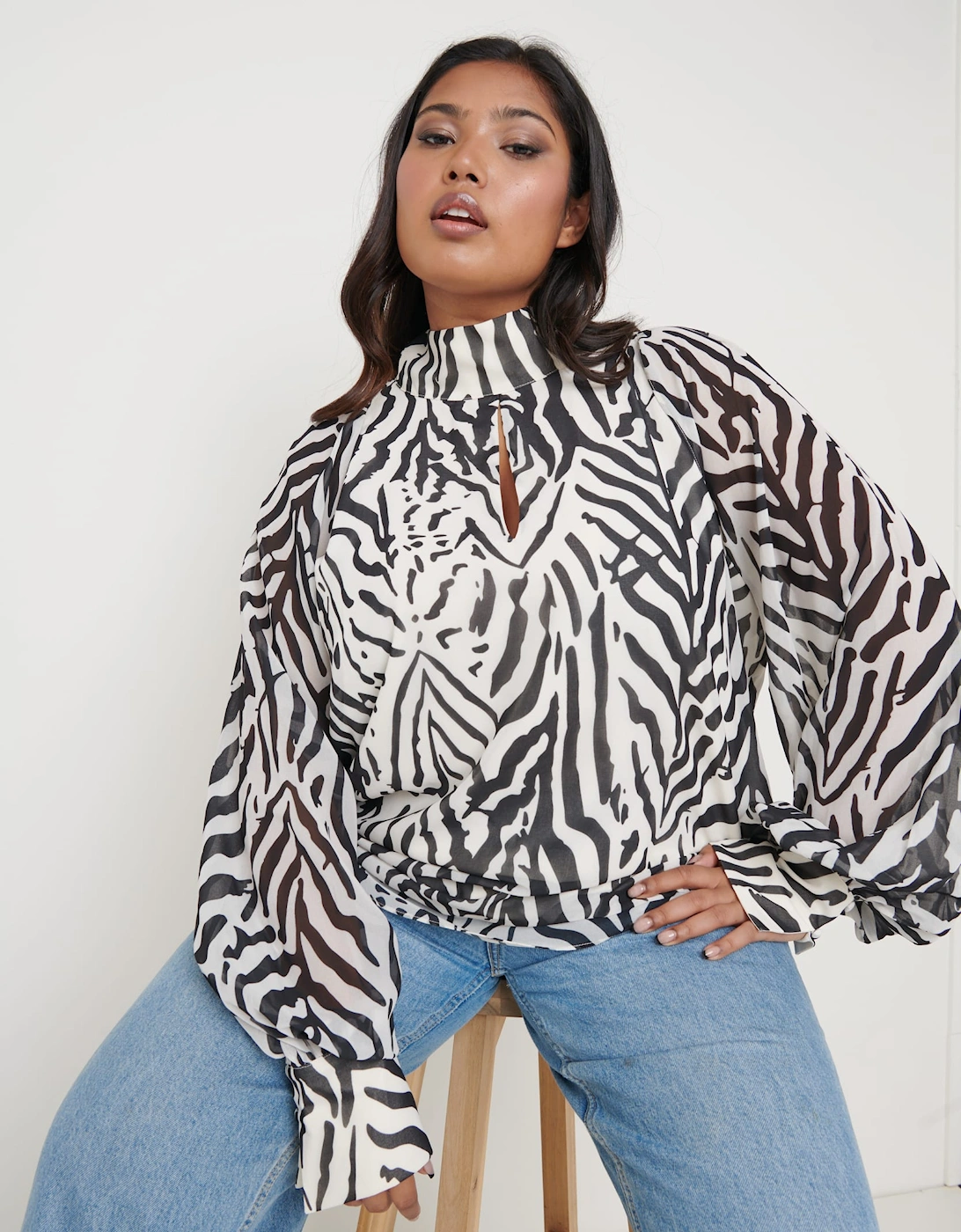 Romy Cut Out High Neck Printed Blouse - Zebra Abstract