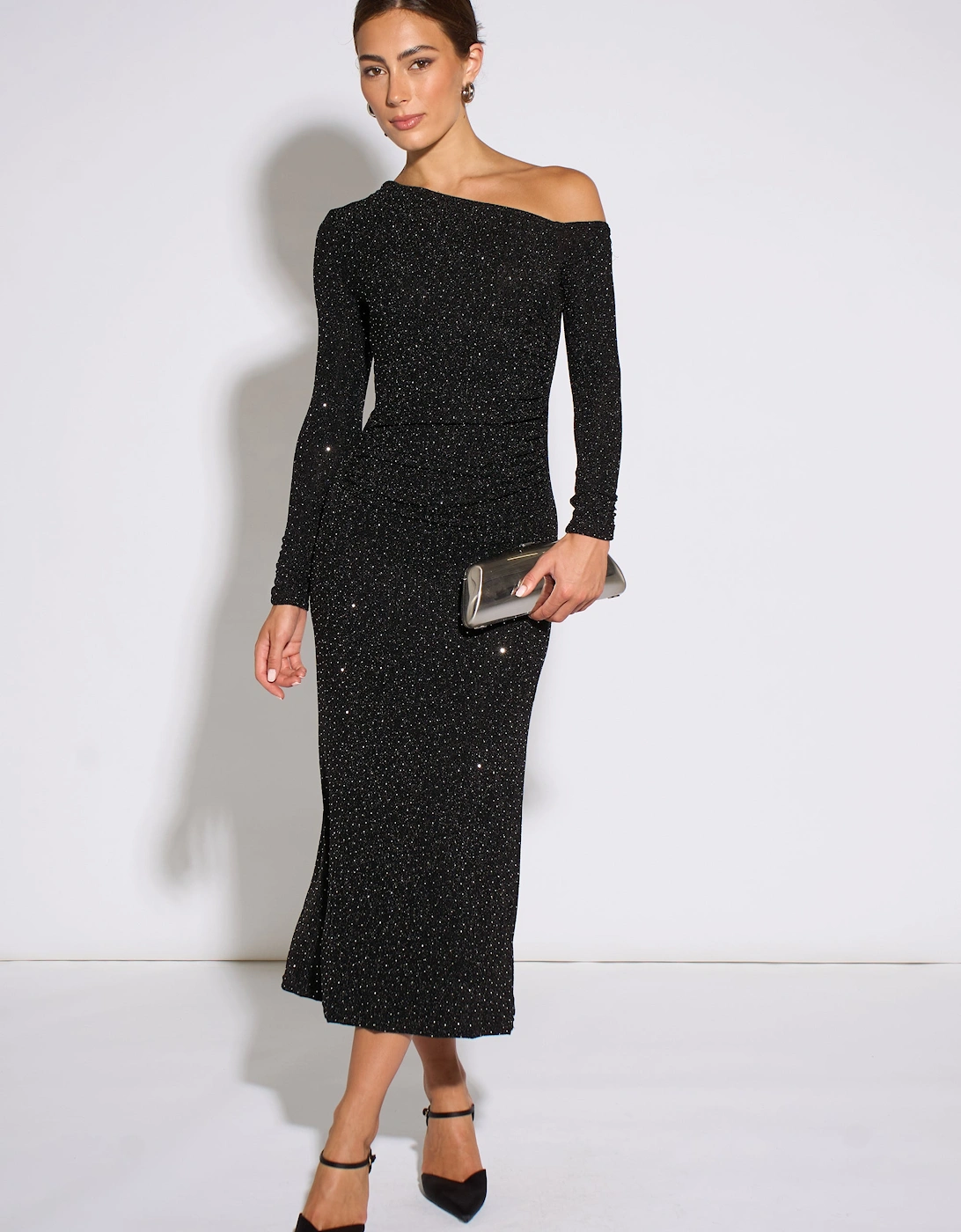 Black Hot Fix Studded Jersey Midi Dress