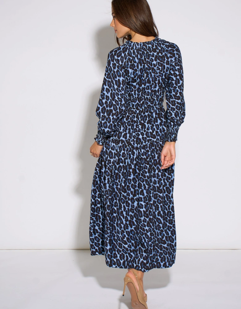 Blue Animal Print Shirred High Neck Maxi Dress