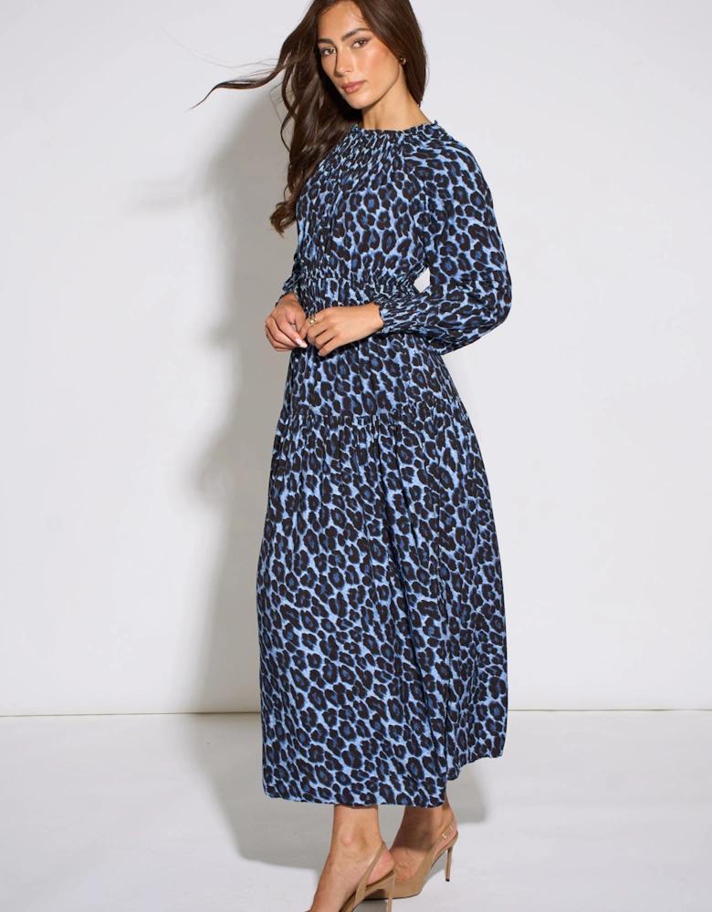 Blue Animal Print Shirred High Neck Maxi Dress