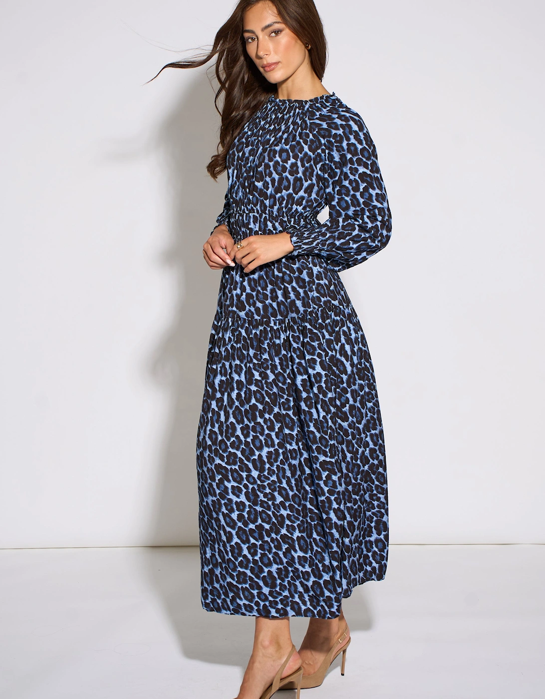 Blue Animal Print Shirred High Neck Maxi Dress
