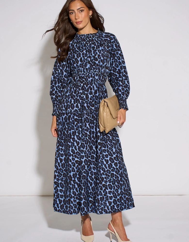 Blue Animal Print Shirred High Neck Maxi Dress