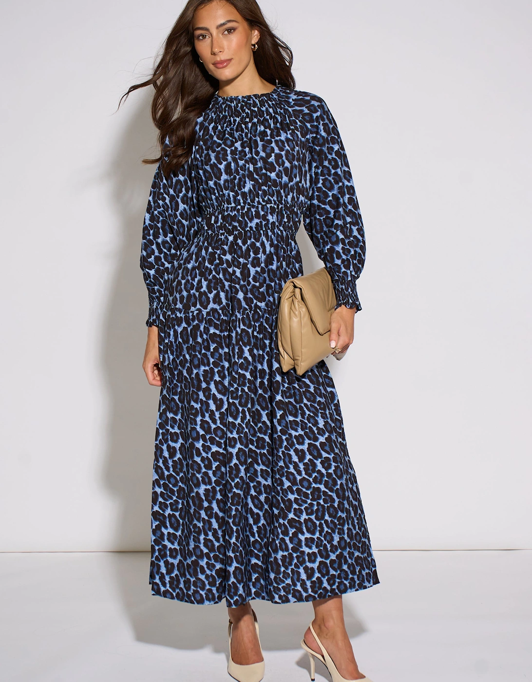 Blue Animal Print Shirred High Neck Maxi Dress