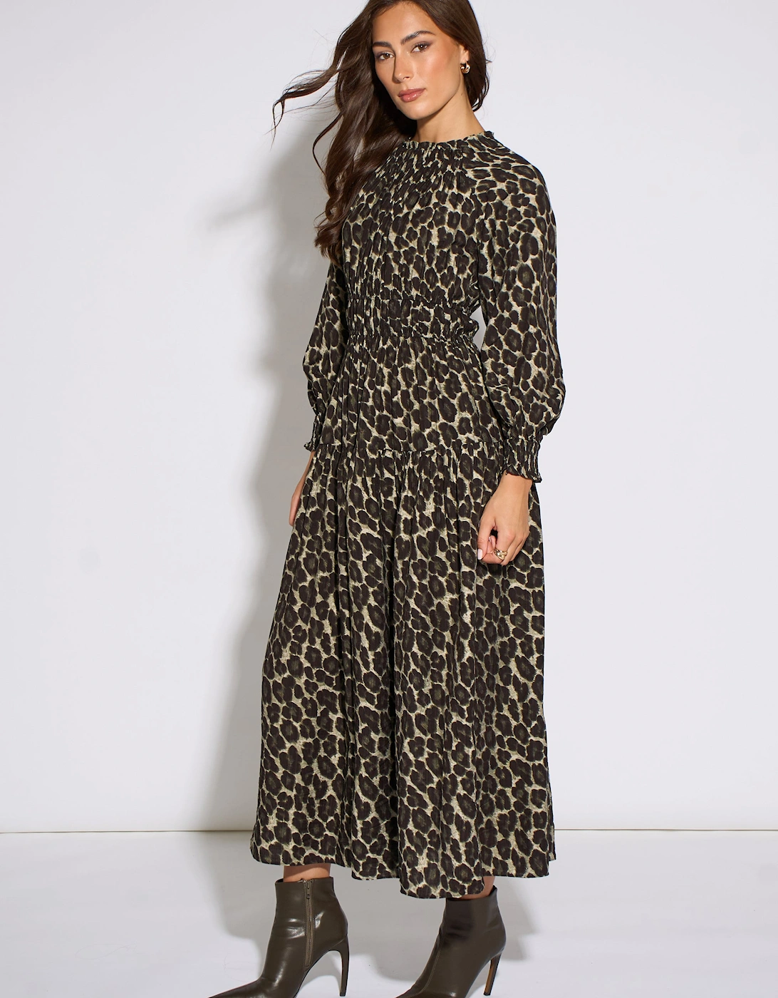 Khaki Animal Print Shirred High Neck Maxi Dress