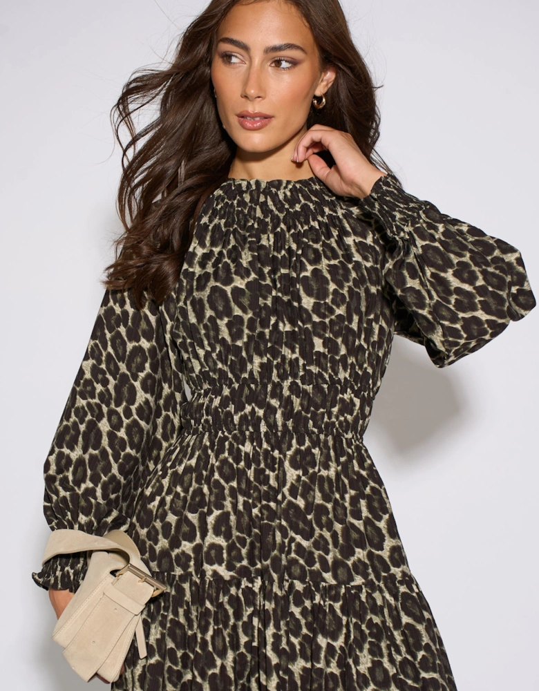Khaki Animal Print Shirred High Neck Maxi Dress