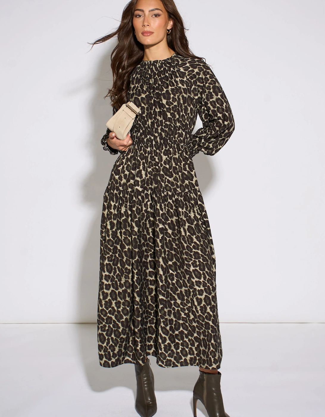 Gini London Women's Green Khaki Animal Print Shirred High Neck Maxi Dress - Size 14