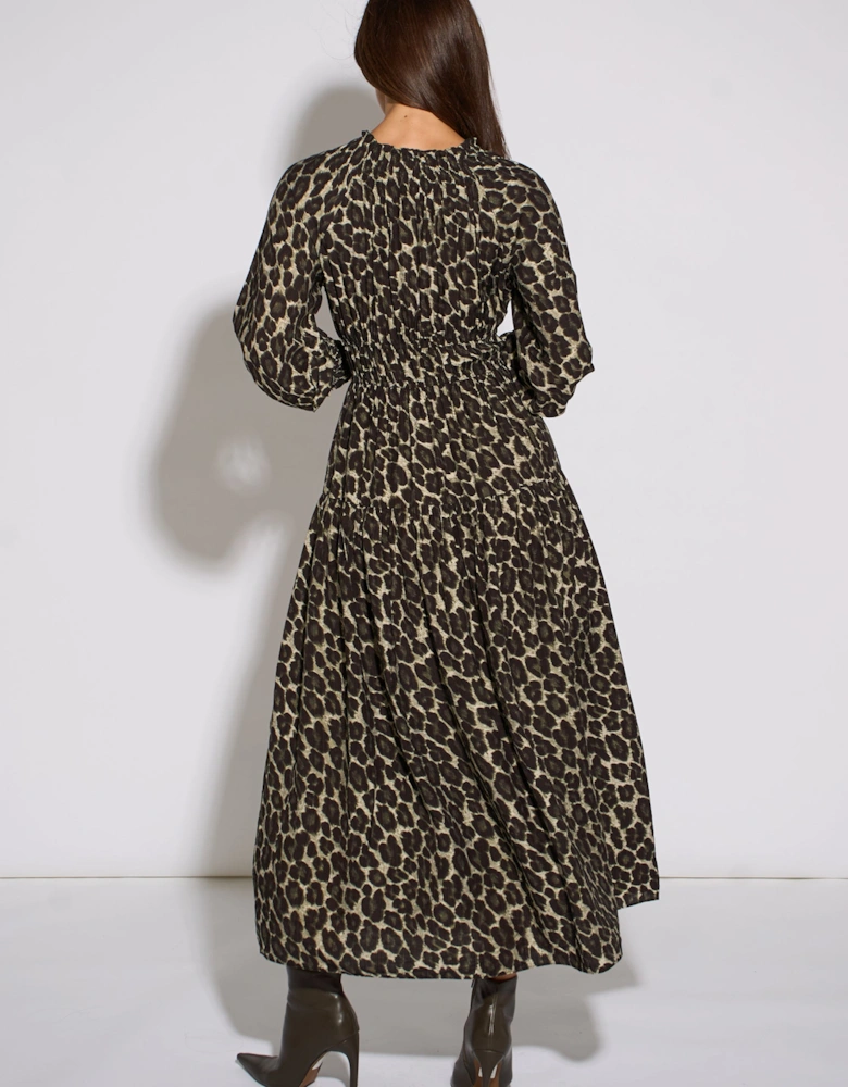 Khaki Animal Print Shirred High Neck Maxi Dress