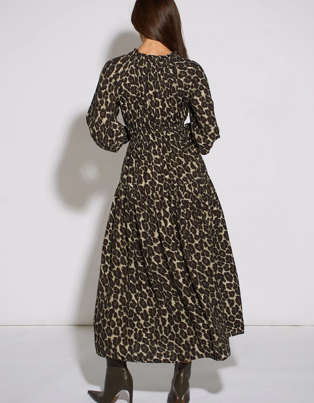 Khaki Animal Print Shirred High Neck Maxi Dress