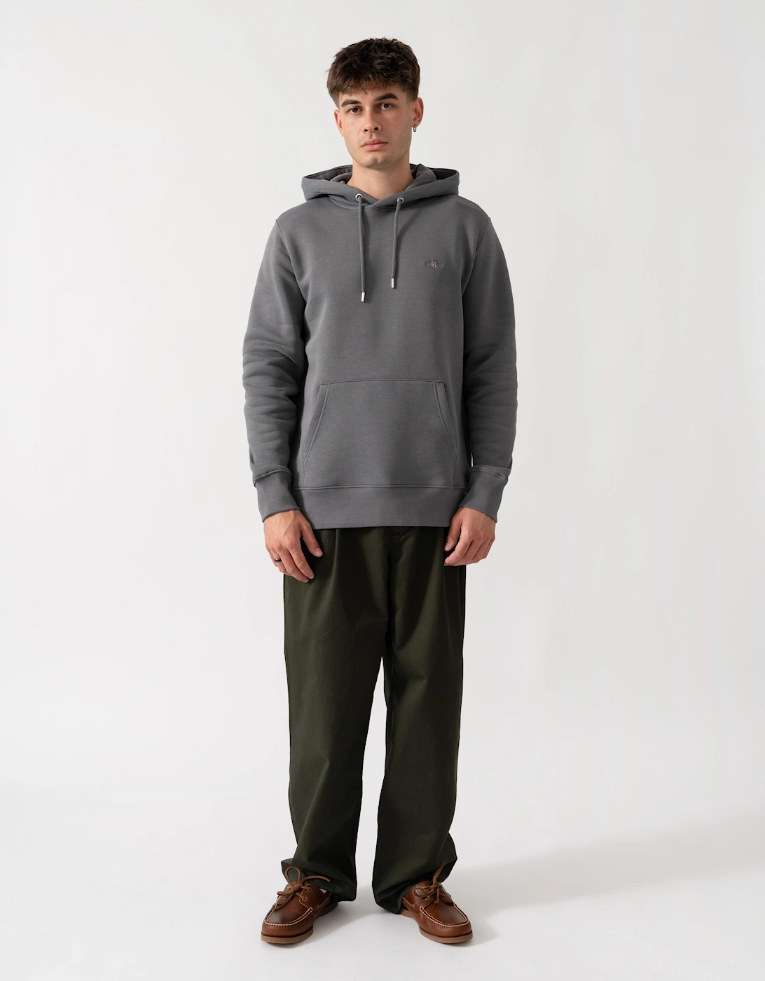GANT Mens Regular Fit Shield Logo Pullover Hoodie - 38 Mid Grey