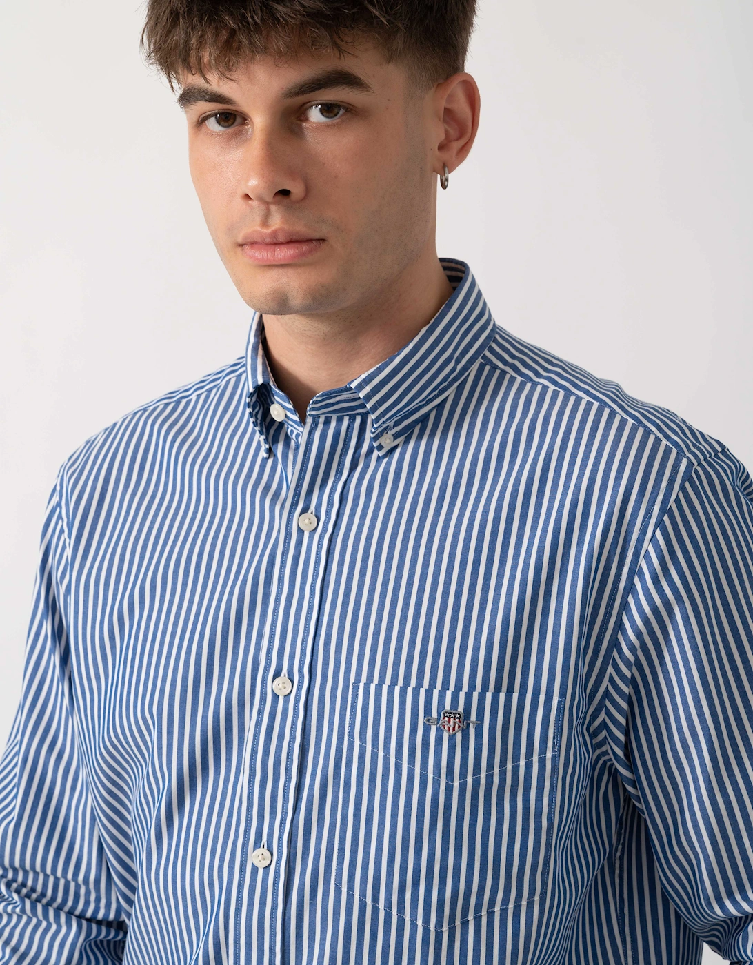 GANT Mens Regular Fit Long Sleeve Poplin Stripe Shirt - 436 College Blue