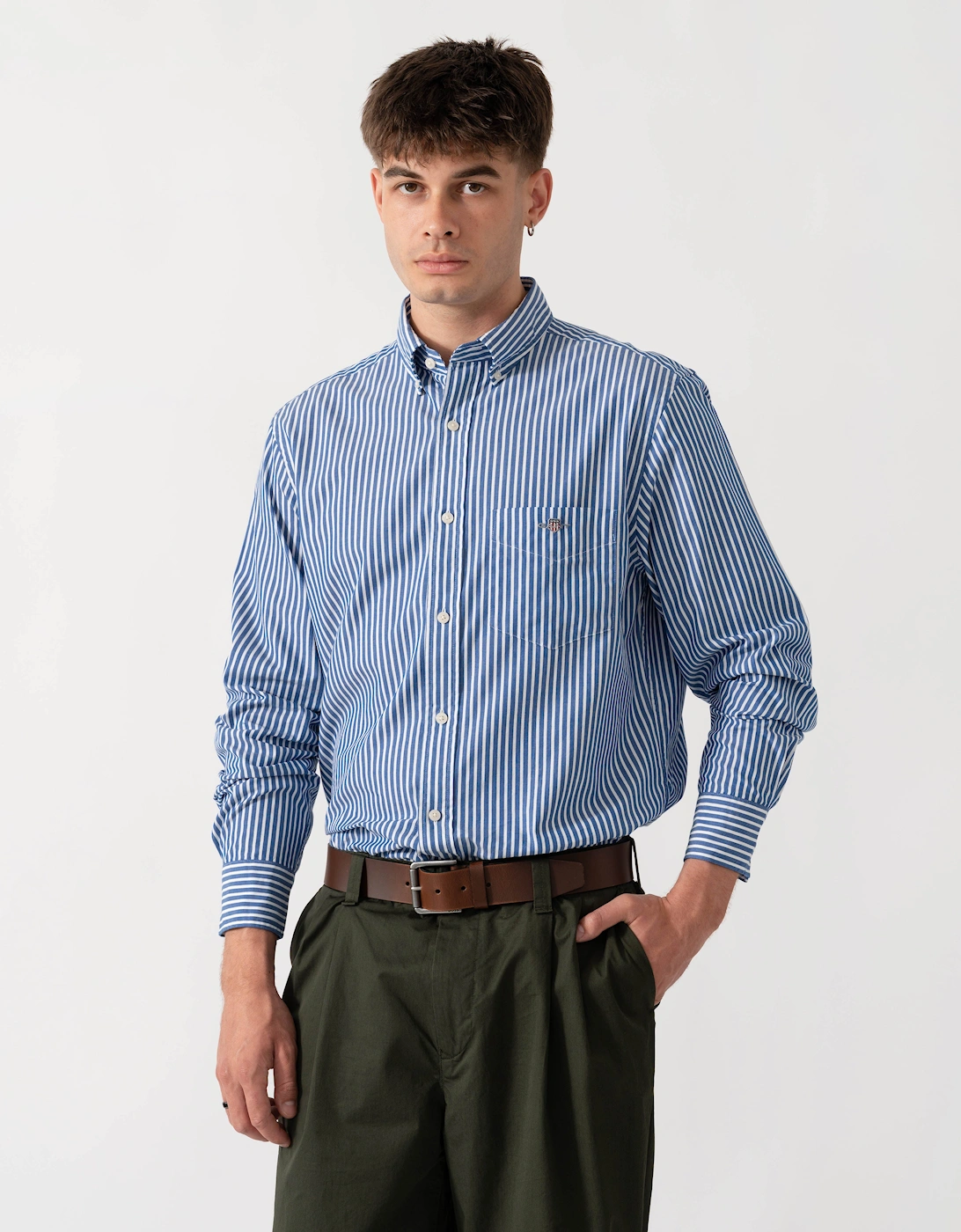 GANT Mens Regular Fit Long Sleeve Poplin Stripe Shirt - 436 College Blue
