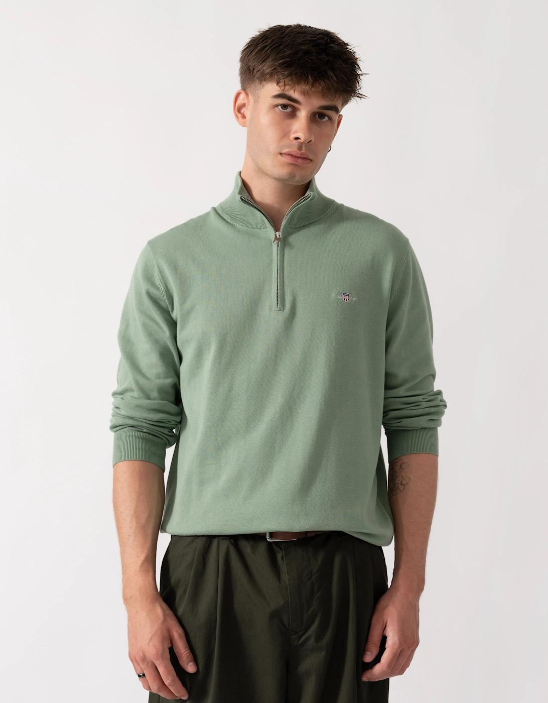 Gant Men's Tan Classic Cotton Shield Logo Half Zip Jumper - 308 Surplus Mint - Size 40