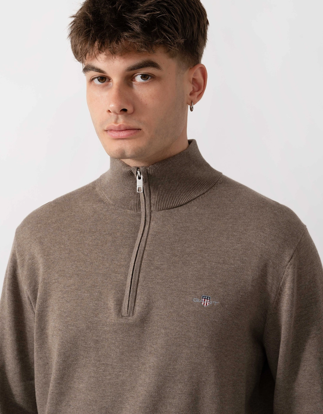 GANT Mens Classic Cotton Shield Logo Half Zip Jumper - 294 Dark Hazelnut Melange