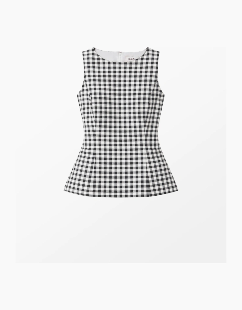Black And Ivory Gingham Cotton Peplum Top